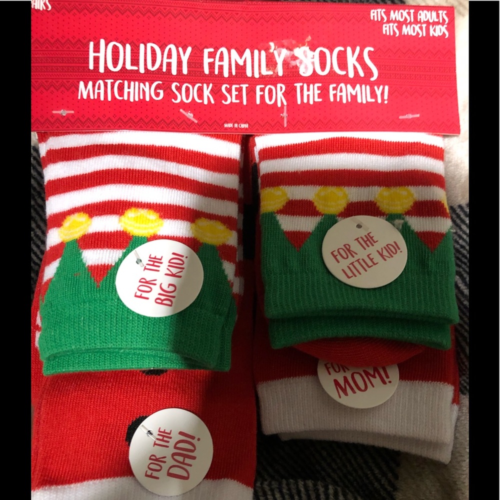 Holiday Family Socks matching sock set for the family. Santa and elf